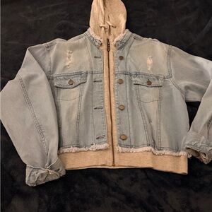 Light Wash Denim Hooded Jacket with Beige Knit Lining